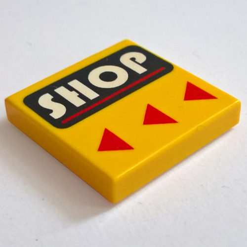 Lego Tile 2 x 2 with Shop Print / Yellow