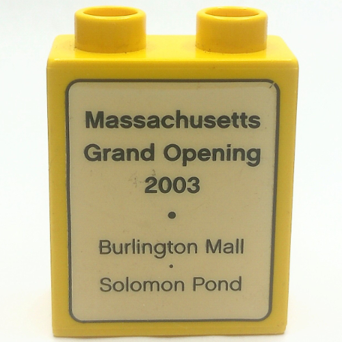 Lego Duplo Brick 1 x 2 x 2 with 'Massachusetts Grand Opening 2003 - Burlington Mall - Solomon Pond' and Lego Logo Print