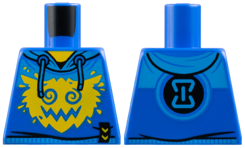 Lego Torso Hoodie with Dark Azure Shoulders, Hood and Waistband, Yellow Neck and Creature Face, Hourglass on Back Pattern / Blue