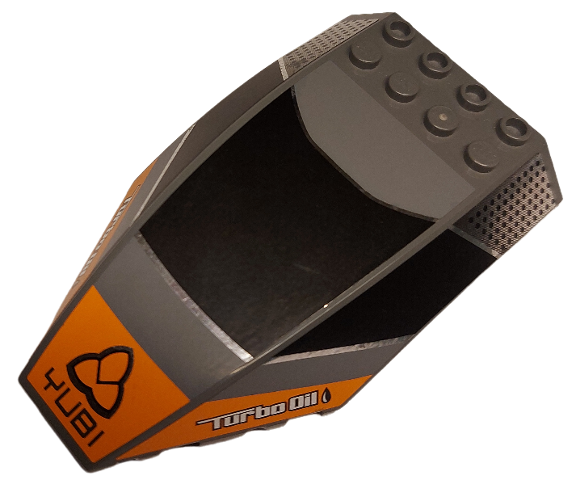 Lego Windscreen 10 x 6 x 2 Curved with 'YUBI', 'Turbo Oil', Silver Lines, Dark Bluish Gray and Orange Stripes Pattern (Sticker) - Set 8496