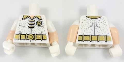 Lego Torso Batman 'R' Symbol, 3 Gold Clasps and Collar and Belt and Silver Dots Pattern / Light Nougat Arms with Molded White Short Sleeves Pattern / White Hands