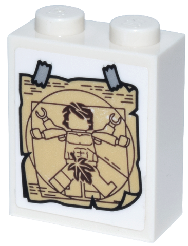 Lego Brick 1 x 2 x 2 with Inside Stud Holder with Picture of Vitruvian Minifigure with Fig Leaf and Tape Pattern (Sticker) - Set  70657 / White