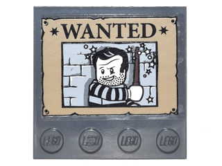 Lego Tile, Modified 4 x 4 with Studs on Edge with 'WANTED' Poster and Convict Minifigure Holding Wand Pattern (Sticker) - Set 10217