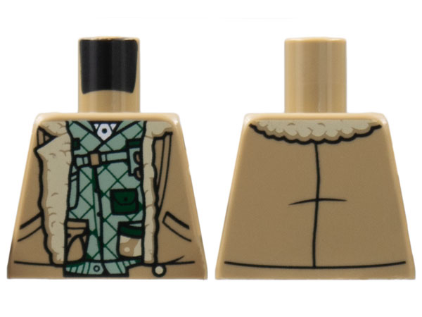 Lego Torso Aviator Bomber Jacket Open with Pockets and Tan Fur Lining over Sand Green Quilted Shirt with Straps and Pouches Pattern / Dark Tan