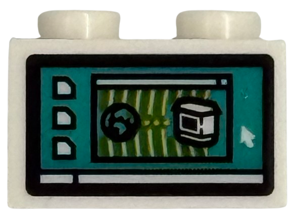 Lego Brick 1 x 2 with Computer Screen with Desktop Folders, Windows and Mouse Arrow on Dark Turquoise Background Pattern (Sticker) - Set 76451 / White