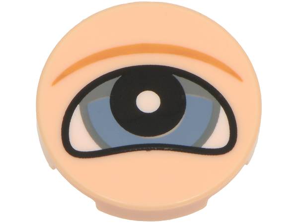 Lego Tile, Round 2 x 2 with Bottom Stud Holder with Sand Blue and Dark Bluish Gray Eye with Black Pupil, White Glint and Medium Nougat Wrinkle Pattern / Light Nougat