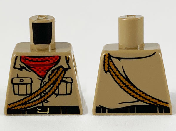 Lego Torso Safari Shirt with Buttons and Pockets, Black Belt with Gold Buckle, Red Neckerchief Scarf with Dark Red Dots, Medium Nougat Ropes Pattern / Dark Tan