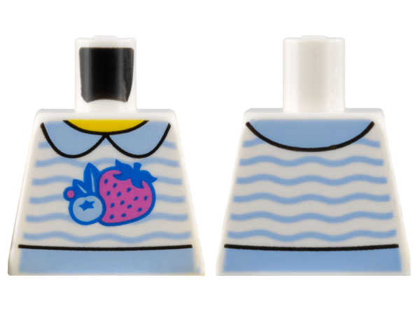 Lego Torso Shirt, Yellow Neck, Bright Light Blue Collar and Wavy Stripes, Blueberry, Dark Pink Strawberry Pattern / White