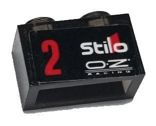 Lego Brick 1 x 2 without Bottom Tube with White 'Stilo', 'OZ RACING' and Red Number 2 Pattern Model Left Side (Sticker) - Set 75885
