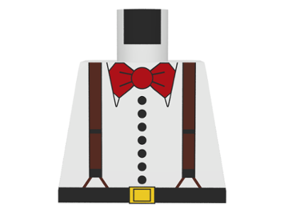 Lego Torso Shirt with Buttons, Black Belt with Yellow Buckle, Brown Suspenders, Red Bow Tie Pattern / White