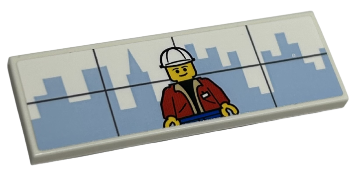 Lego Tile 2 x 6 with Bright Light Blue City Skyline and Minifigure with White Construction Helmet Pattern (Sticker) - Set 40528
