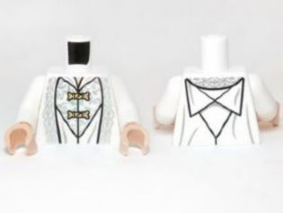 Lego Torso LotR Shirt with Ornate Silver Fabric and Gold Clasps Pattern (Saruman) / White Arms / Light Nougat Hands