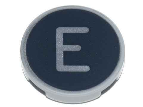 Lego Tile, Round 2 x 2 with Bottom Stud Holder with Silver Capital Letter E on Black Background Pattern / Light Bluish Gray