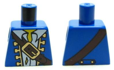Lego Torso Pirate Jacket Open with Gold Trim over Torn White Shirt, Dark Brown Diagonal Belt with Buckle, Yellow Neck Pattern / Blue