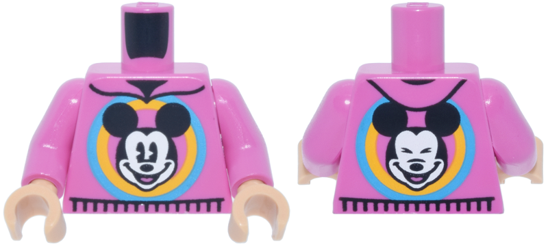 Lego Torso Sweater with Hood and Black Trim, Dark Azure and Bright Light Orange Circles and Mickey Mouse Pattern / Dark Pink Arms / Medium Tan Hands