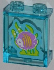 Lego Panel 1 x 2 x 2 with Side Supports - Hollow Studs with Medium Lavender Fish with Yellow Stripes, Lime Seaweed Pattern (Sticker) - Set 3188 / Trans-Light Blue