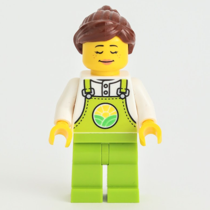 Lego Farmer, Lime Overalls, Reddish Brown Ponytail