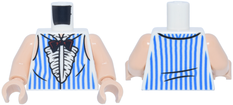 Lego Torso Vest with Blue and White Vertical Stripes, Tuxedo Ruffles, Dark Red and Black Bow Tie Pattern / Light Nougat Arms / Light Nougat Hands
