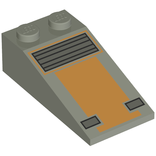 Lego Brick Sloped 18° 4 x 2 with Orange and Grey Rectangles Print / Light Gray