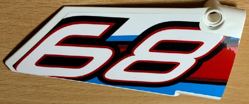 Lego Technic, Panel Fairing #18 Large Smooth, Side B with '68' and Red, Black and Blue Lines Pattern (Sticker) - Set 42077 / White