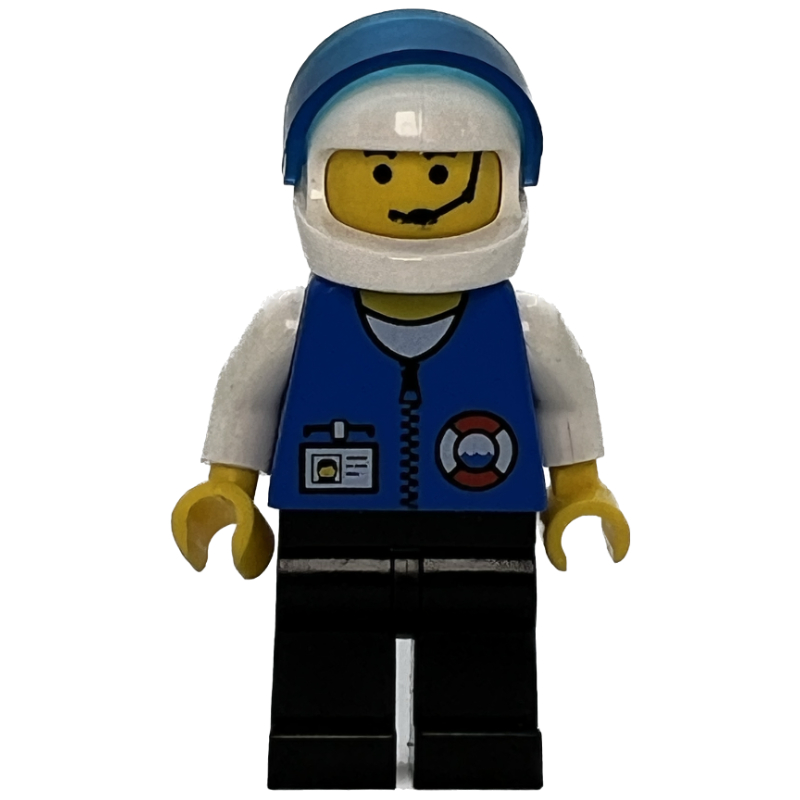 Lego Coast Guard, Blue Jacket with Zipper and ID Badge. White Helmet with Visor, Headset