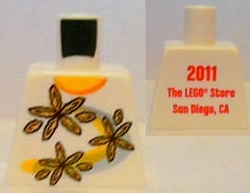 Lego Torso Shirt with Orange Collar and 3 Flowers over Yellow and Silver Curved Stripes, '2011 The LEGO Store San Diego, CA' on Back Pattern / White