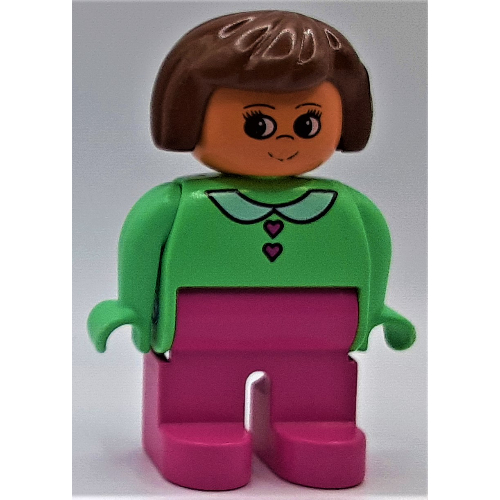 Lego Duplo Figure, Early, Hair Bob Brown, Medium Dark Pink Legs, White Collar and Heart Buttons Print / Medium Green