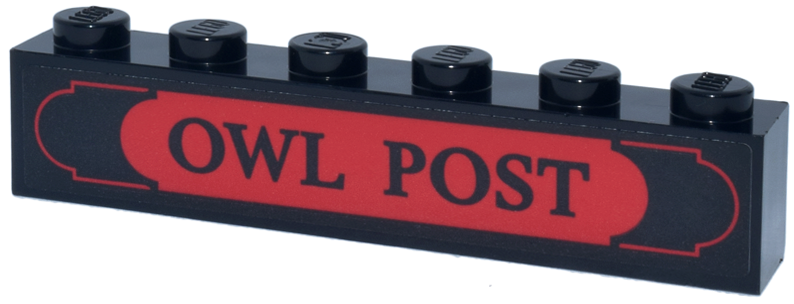 Lego Brick 1 x 6 with Red Sign Plaque with 'OWL POST' Pattern (Sticker) - Set 76457 / Black