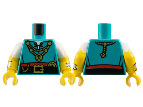Lego Torso Shirt with Black Laces and Belt, Red Skirt and Gold Necklaces, Buckle and Compass Pattern / Yellow Arms with Molded White Short Sleeves and Printed Yellow Dots and Bracelets Pattern / Yellow Hands
