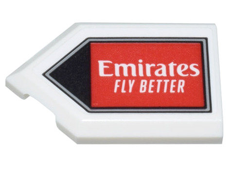Lego Tile, Modified 2 x 3 Pentagonal with White 'Emirates FLY BETTER' on Red Background and Black Triangle Pattern (Sticker) - Set 10299 / White