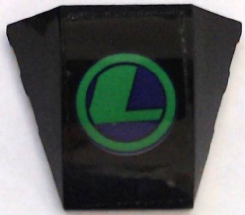 Lego Wedge 4 x 3 Triple Curved No Studs with LexCorp Logo, Green Letter L in Circle on Dark Purple Background Pattern (Sticker) - Set 41238 / Black