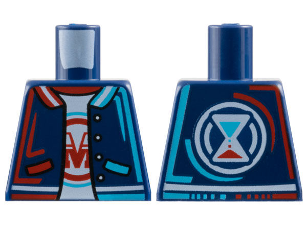Lego Torso Jacket Open with Dark Azure and Red Trim and Pockets, White Shirt with Capital Letter M, Hourglass on Back Pattern / Dark Blue
