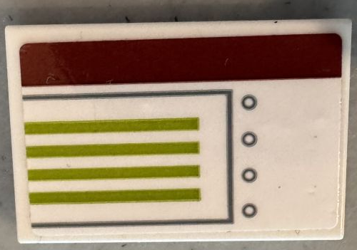 Lego Tile 2 x 3 with Dark Red and Lime Stripes, Dark Bluish Gray Armor Plate Outline and Rivets Pattern Model Right Side (Sticker) - Set 75342 / White