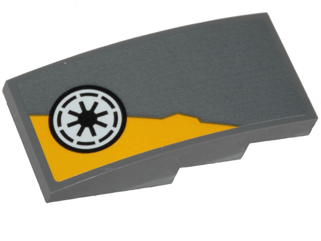 Lego Slope, Curved 4 x 2 with Yellow Triangular Shape and SW Republic Pattern Model Right Side (Sticker) - Set 75214 / Dark Bluish Gray
