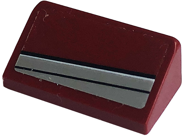 Lego Slope 30 1 x 2 x 2/3 with Silver Stripes Pattern Model Left Side (Sticker) - Set 76903 / Dark Red