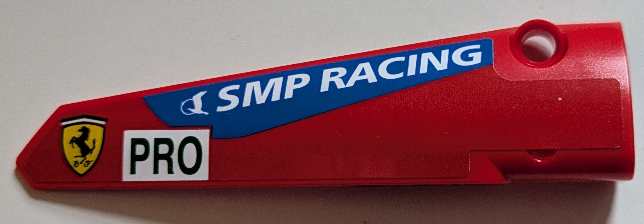 Lego Technic, Panel Fairing # 6 Long Smooth, Side B with White 'SMP RACING' on Blue Stripe, Green 'PRO' on Rectangle and Ferrari Logo Pattern (Sticker) - Set 42125
