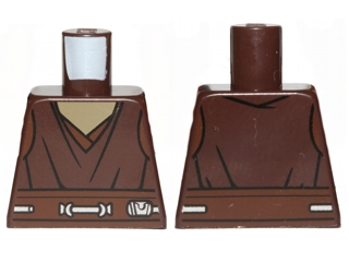 Lego Torso SW Jedi Robe over Dark Tan Shirt, Reddish Brown Belt with Silver Lines and Details Pattern / Dark Brown