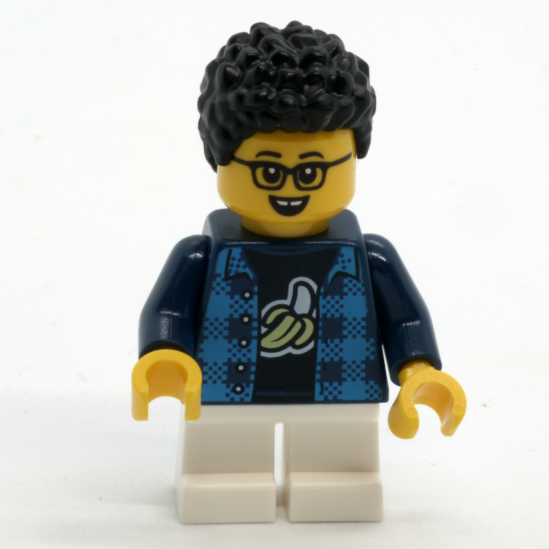Lego Boy, Dark Blue Plaid Shirt, Short White Legs, Glasses