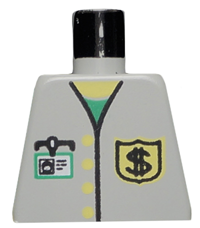 Lego Torso Vest with Buttons and Black Dollar Sign '$' Badge over Green Shirt, White ID Badge, Yellow Neck Pattern / Light Gray