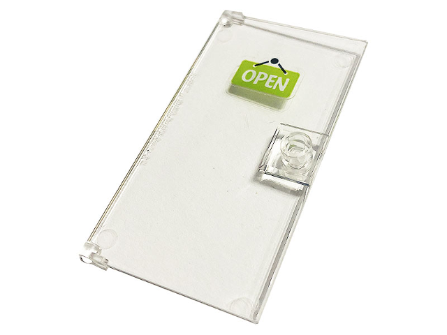 Lego Door 1 x 4 x 6 with Stud Handle with Lime 'OPEN' Sign Pattern (Sticker) - Set 41444 / Trans-Clear