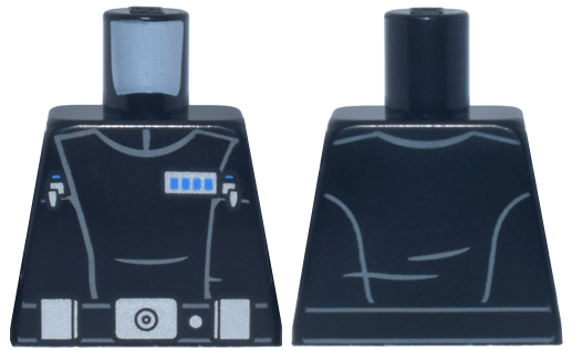 Lego Torso SW Imperial Officer 25, Belt with Silver Buckle, Pouches and Dot, Blue Rank Badge, and 2 Code Cylinders, Horizontal Folds Pattern / Black