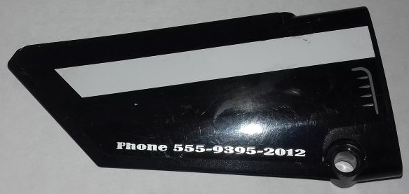Lego Technic, Panel Fairing #17 Large Smooth, Side A with White Stripe, Air Intake Grille and ' Phone 555-9395-2012' Pattern (Sticker) - Set 9395 / Black