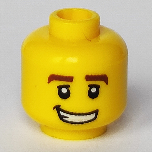 Lego Minifig Head Race Car Driver, Thick Brown Eyebrows, White Pupils and Grin with Teeth Print
