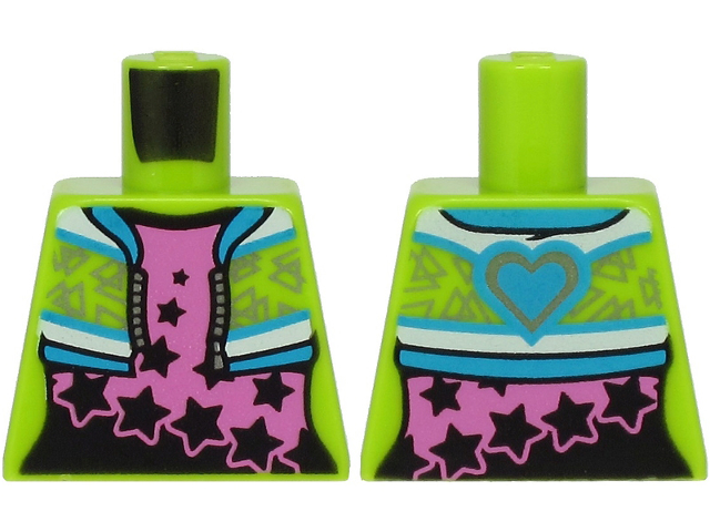 Lego Torso Jacket with Dark Azure Collar, Silver Triangles and Heart on Back over Dark Pink Shirt with Black Stars Pattern / Lime