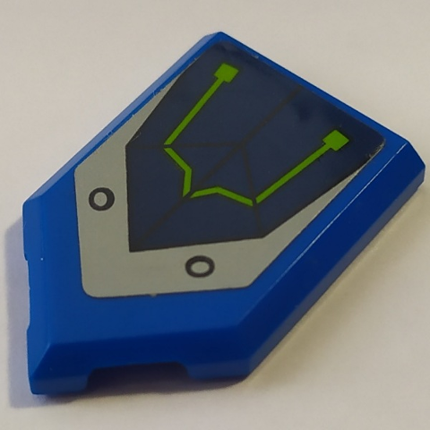 Lego Tile, Modified 2 x 3 Pentagonal with Dark Blue and Silver Hull Plates and Lime Circuitry Pattern (Sticker) - Set 70320