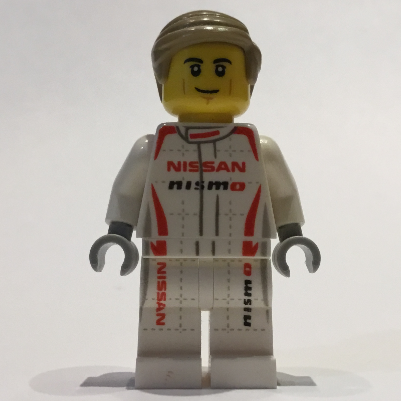 Lego Race Driver, White Torso, White Legs, Red Helmet, Nissan