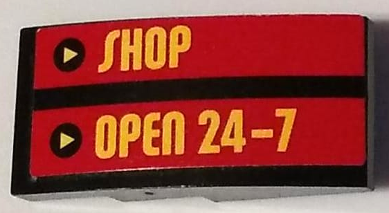 Lego Slope, Curved 4 x 2 with Yellow 'SHOP' and 'OPEN 24-7' Pattern (Sticker) - Set 60132