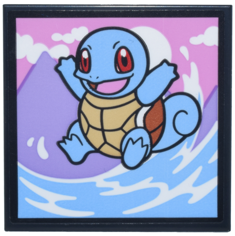 Lego Tile 4 x 4 with Pokémon Squirtle with Bright Light Blue Water, Lavender Mountain and Bright Pink Sky Pattern (Sticker) - Set 40887 / Black