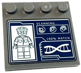 Lego Tile, Modified 4 x 4 with Studs on Edge with Light Aqua Joker Minifigure, 'SCANNING...', '100% MATCH' and DNA Double Helix on Dark Blue Screen Pattern (Sticker) - Set 76122