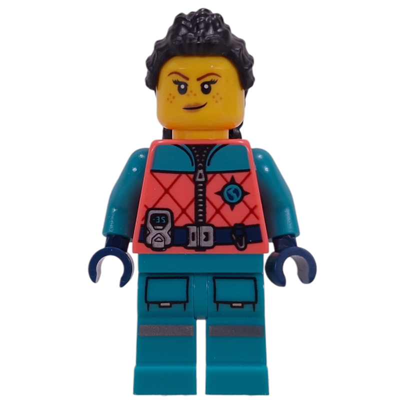 Lego Arctic Explorer, Coral Torso, Dark Turquoise Legs, Black Hair